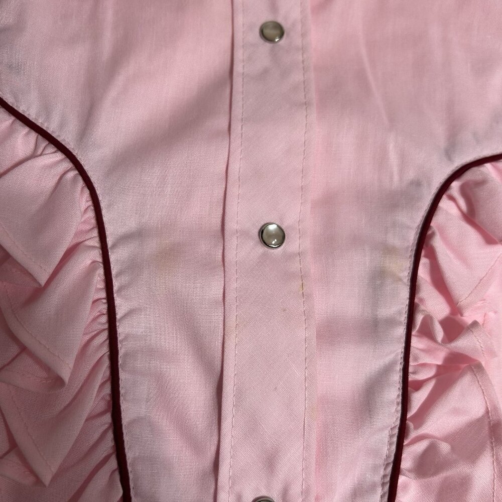 Vtg Fenton Western Women Prairiecore Ruffle Pearl Snap Shirt Top Pink Sz 14 Flaw - Picture 4 of 9